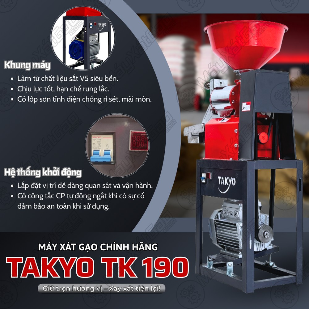 Khung máy và hệ thống khởi động của máy xát gạo chính hãng TAKYO TK 190