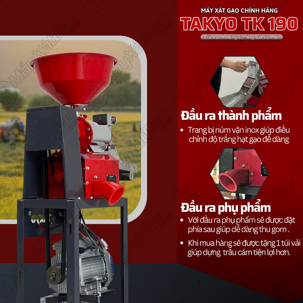 Đầu ra thành phẩm và đầu ra phụ phẩm của máy xát gạo chính hãng TAKYO TK 190
