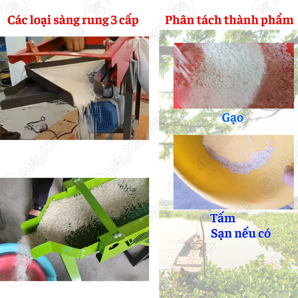 Chức năng 3: Lọc sạn gạo, lọc tấm gạo nhờ sàng rung 3 cấp:  Bộ sàng rung của máy xát gạo gia đình được thiết kế lắc dọc giúp cho các loại tạp chất như cát sạn, tấm cám được tách ra sạch sẽ hơn.