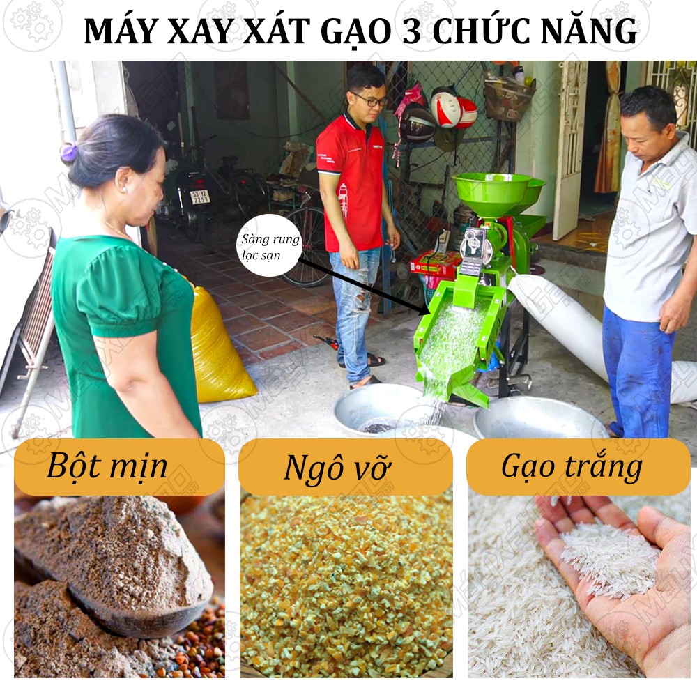 Máy xát lúa gạo 3 chức năng thực hiện đồng thời nhiều công việc 1 lúc như: xát gạo, nghiền bột, lọc sạn, ...…