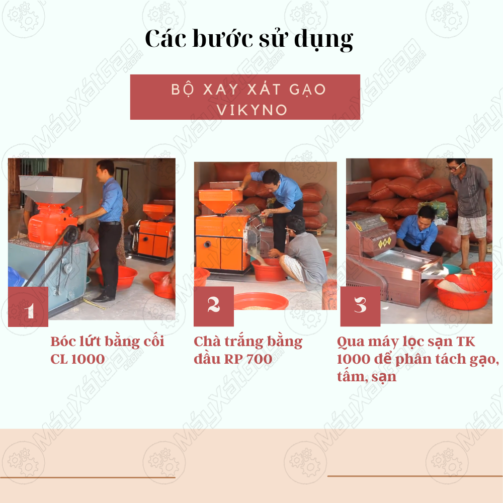 Các bước sử dụng bộ ba dàn xát gạo trắng Vikyno