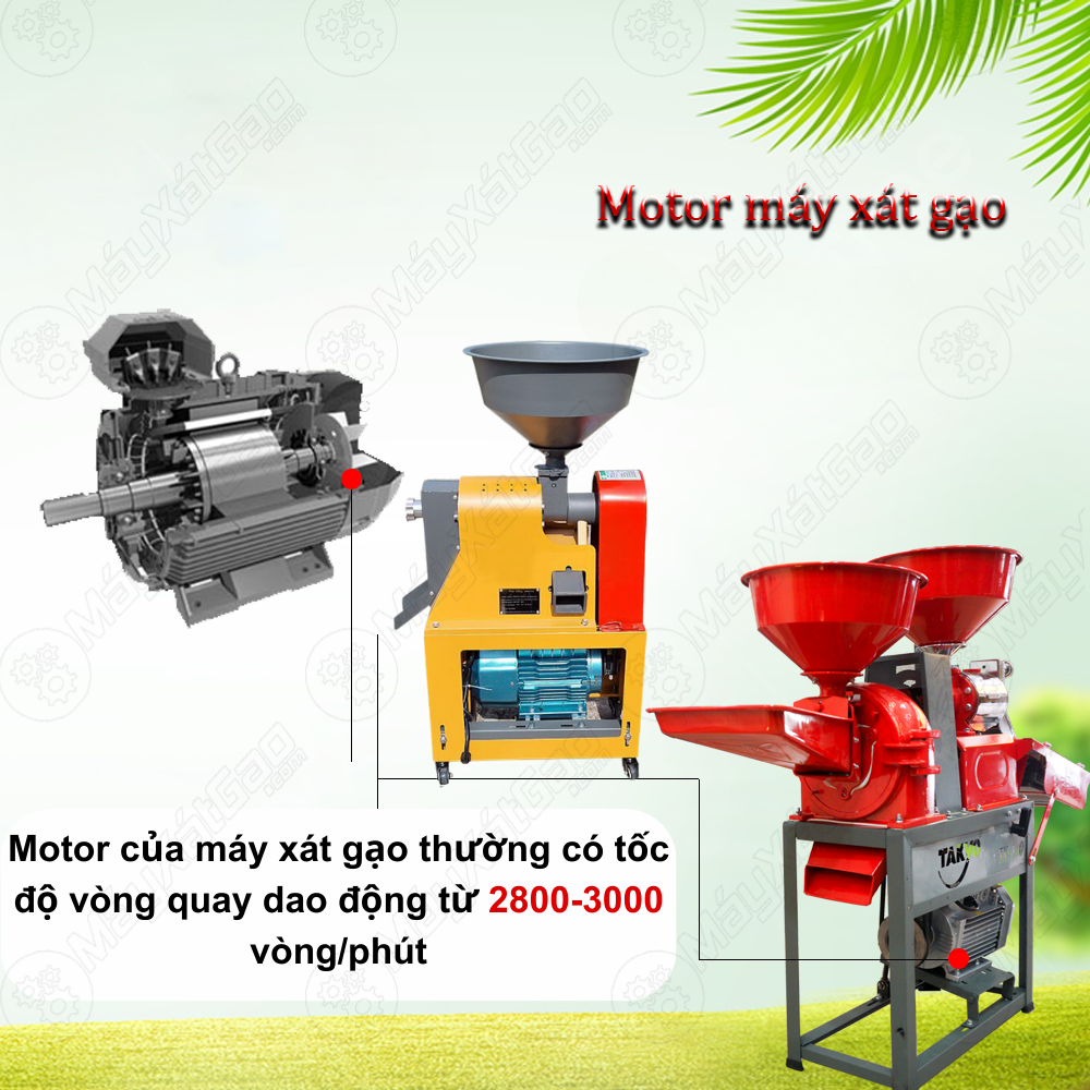 Máy xay lúa gia đình sử dụng motor tốc nhanh. Tốc độ vòng quay được đo bằng đơn vị vòng/phút, tốc độ quay càng cao thì khả năng xay xát càng nhanh, truyền chuyển động qua các bộ phận riêng biệt như cho hệ thống sàng xát.