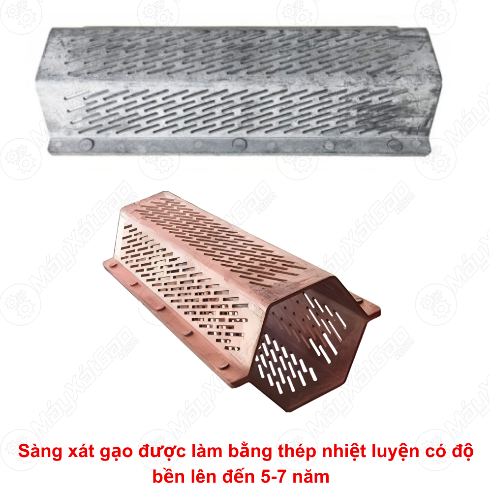 Sàng xát của máy xát gạo độ bền cao lên đến 3-5 năm, với cách tháo lắp vô cùng dễ dàng khi tự lắp hoặc bà con có thể nhờ kỹ thuật hỗ trợ từ xa để lắp ráp dễ dàng hơn.