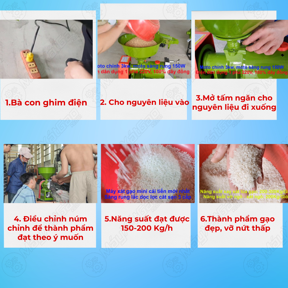 Máy chà trắng gạo có khả năng phân tách vô cùng hiệu quả, máy sẽ tự động tách gạo riêng, tấm, trấu để thu được thành phẩm đẹp, tỷ lệ vỡ nứt thấp.