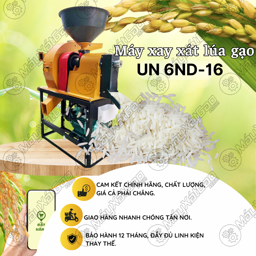 Lợi ích khi bà con mua máy xay xát lúa gạo đầu nghiền búa UN 6ND-16 tại Máy xát gạo: Là dòng máy xát gạo 1 pha cam hết chính hãng, chất lượng, giá cả phải chăng khi đến tay khách hàng.  Sản phẩm có đầy đủ phụ tùng, linh phụ kiện thay thế.  Máy sẽ được bảo hành lên đến 12 tháng.