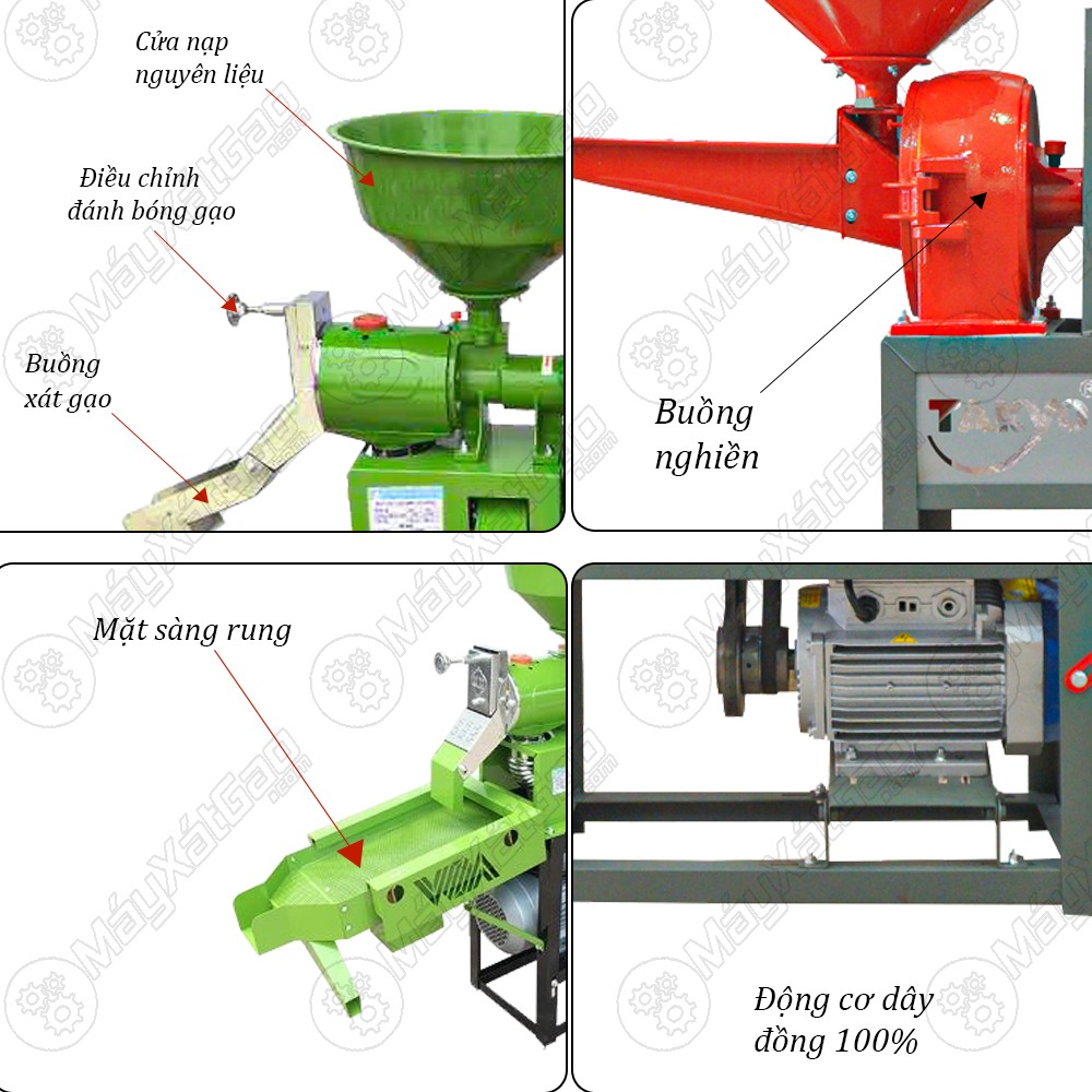 Cấu tạo chính của máy xát gạo 1 pha bao gồm toa nạp, buồng xát và cửa xả