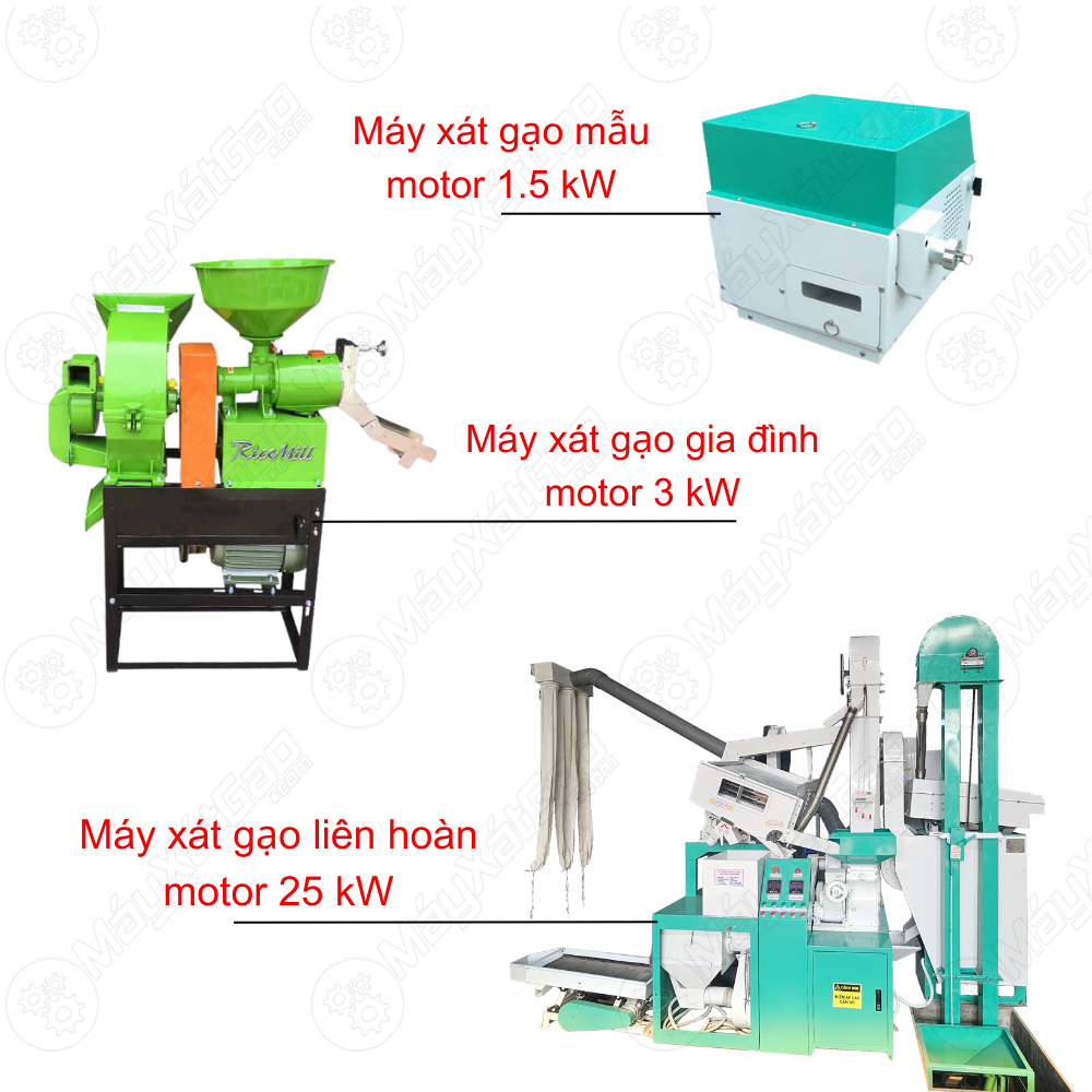 Đối với các máy xát gạo dây chuyền cỡ lớn, có công suất lên đến 25-30 kW, những dòng máy xay lúa lớn này thường sử dụng điện công nghiệp 3 pha, còn các dòng máy gia đình sẽ lắp motor điện 1 pha dân dụng 220V cho bà con.