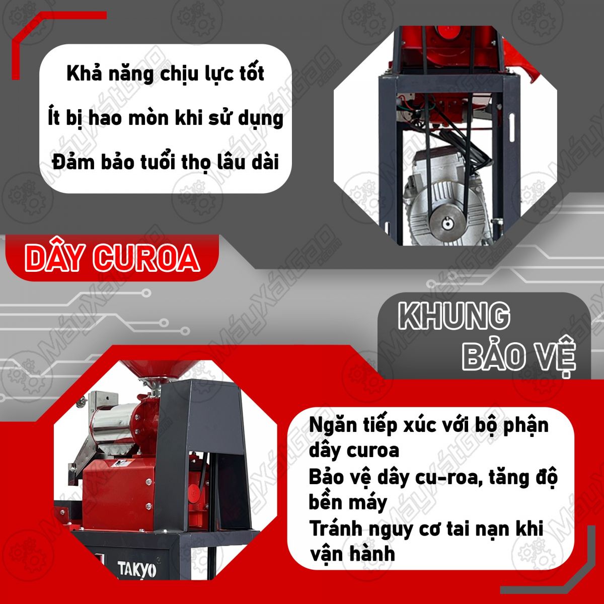 Dây cu-roa và khung bảo vệ của máy xát gạo đời mới TAKYO TK 190 R