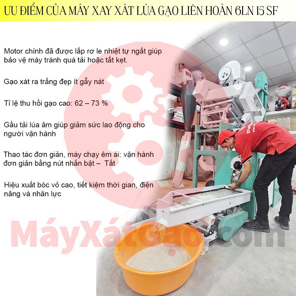 Máy xát gạo 3 pha 6LN 15 SF phù hợp với các cơ sở chế biến, gia công gạo ở các hợp tác xã sản xuất gạo, nông trại, thị trấn, các cửa hàng, hộ gia đình chuyên kinh doanh ngành hàng bán gạo với quy mô vừa và lớn với năng suất mỗi ngày tối đa có thể lên đến trên 15 tấn. Hoặc cho các hộ gia đình chuyên gia công gạo thuê cho người dân.