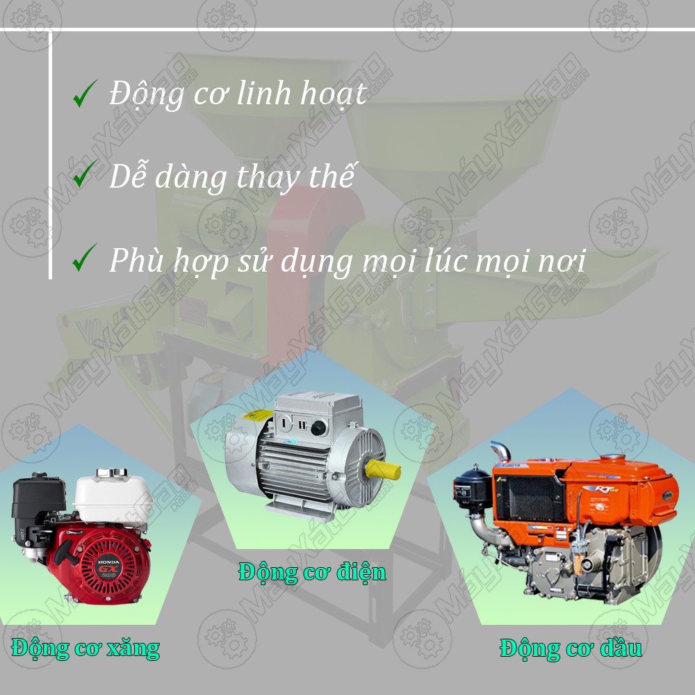 Máy xát gạo mini 3 chức năng có thể dễ dàng thay thế các động cơ khác nhau để thuận tiện cho công việc của người dùng