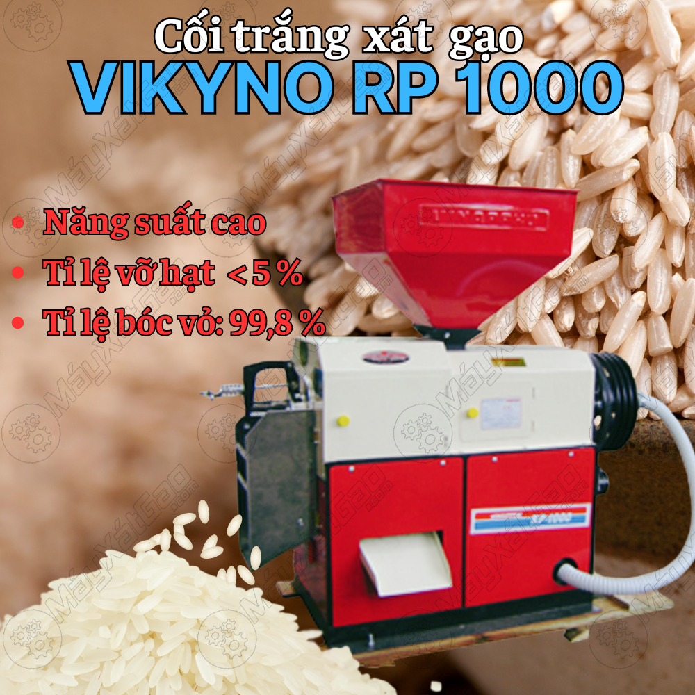 Cối trắng xát gạo Vikyno RP1000 là dòng máy có mắt xích quan trọng trong xay xát lúa gạo. Khi hạt lúa đã được bóc tách vỏ trấu thì lúc này, gạo sẽ tiếp tục qua cối trắng Vikyno để hạt gạo trắng hơn, bóng bẩy, bóc vỏ lức nhưng vẫn giữ được hạt gạo nguyên vẹn. Từ đó, hạt gạo sẽ đẹp hơn rất ưa chuộng với người tiêu dùng, nâng cao phẩm chất hạt gạo giúp sinh lời hiệu quả.
