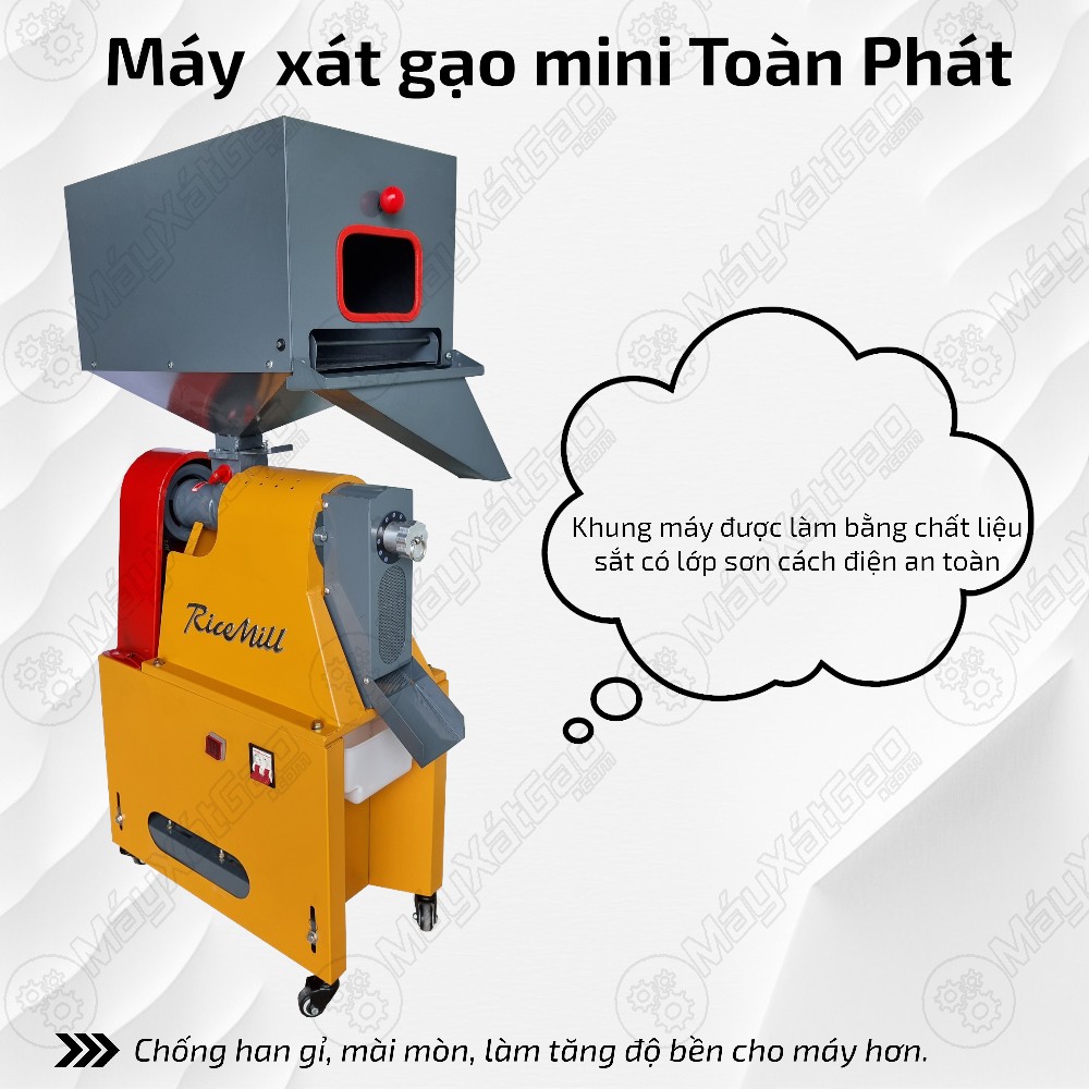 Khung máy của máy xát gạo mini Toàn Phát được làm bằng chất liệu sắt cứng cáp