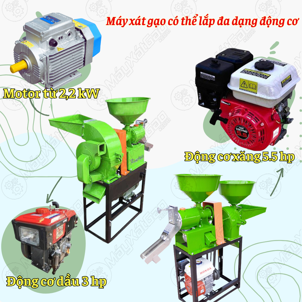 động cơ tương thích của máy xát gạo 2 chức năng là động cơ xăng từ 5.5 hp trở lên và động cơ dầu là 3 hp.