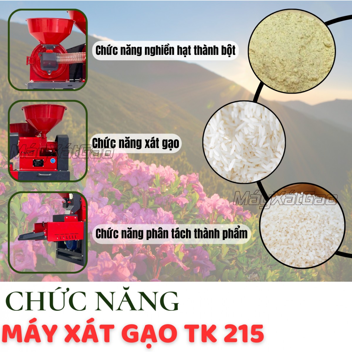 Máy xát gạo đa năng Takyo TK 215 R có khả năng xát và nghiền cùng 1 quy trình máy vận hành