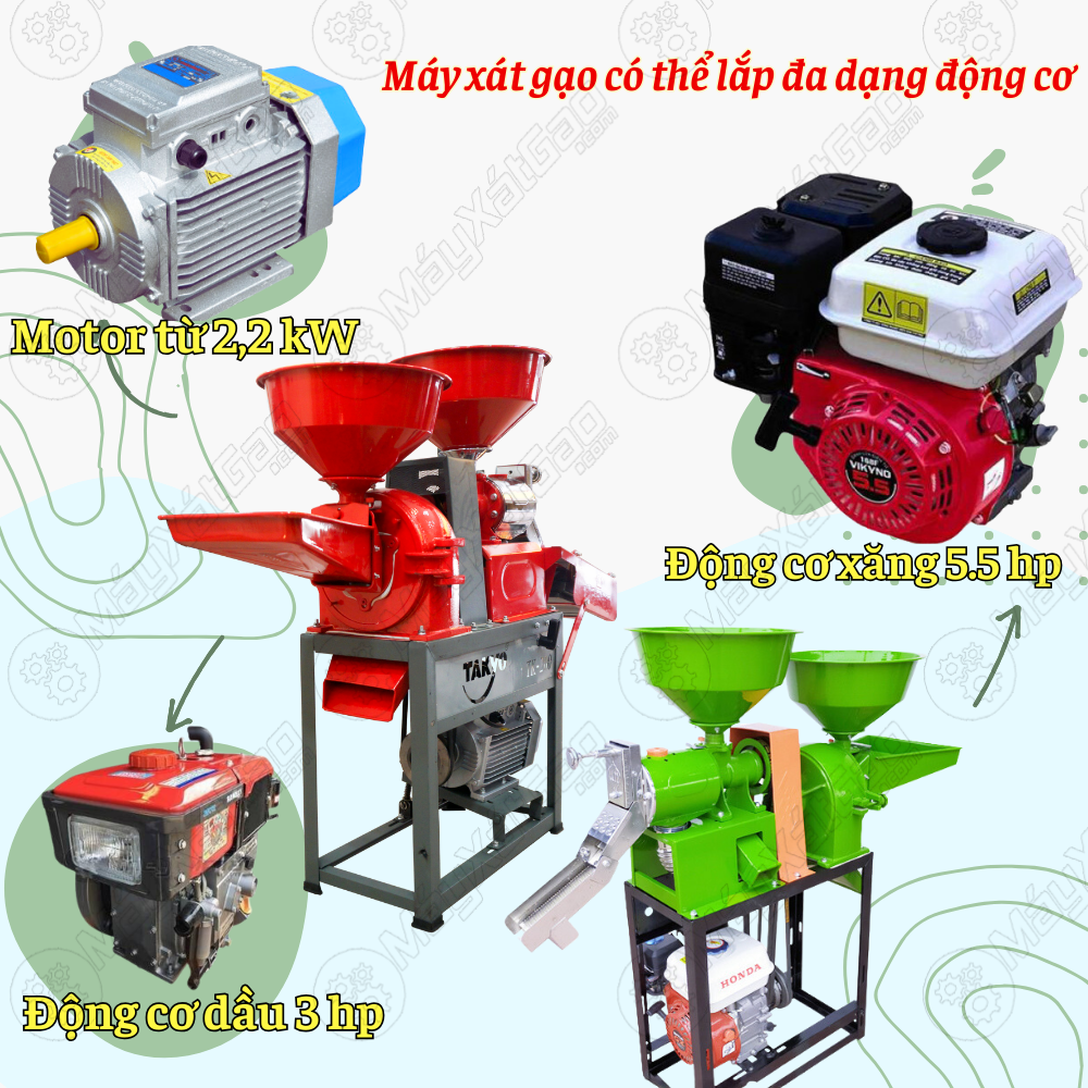 Máy xay xát gạo 3 chức năng có thể lắp đa dạng động cơ. Ngoài motor điện 3 kW nếu như bà con không muốn sử dụng điện thì chúng tôi lắp các loại động cơ xăng từ 5HP trở lên, động cơ dầu từ 3hp trở lên cho bà con:  giúp tiết kiệm thêm chi phí nếu bà con nào đã có các loại động cơ đó.