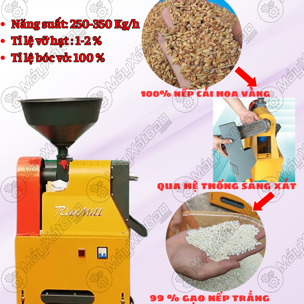 Nguyên lý xát gạo kiểu mới với trục xoắn ruột gà bằng thép nhiệt luyện cao tân kết hợp với sàng xát bằng INOX đảm bảo cho hạt gạo ra nguyên vẹn không gẫy nát với: Năng suất lên đến 200- 300 Kg/h