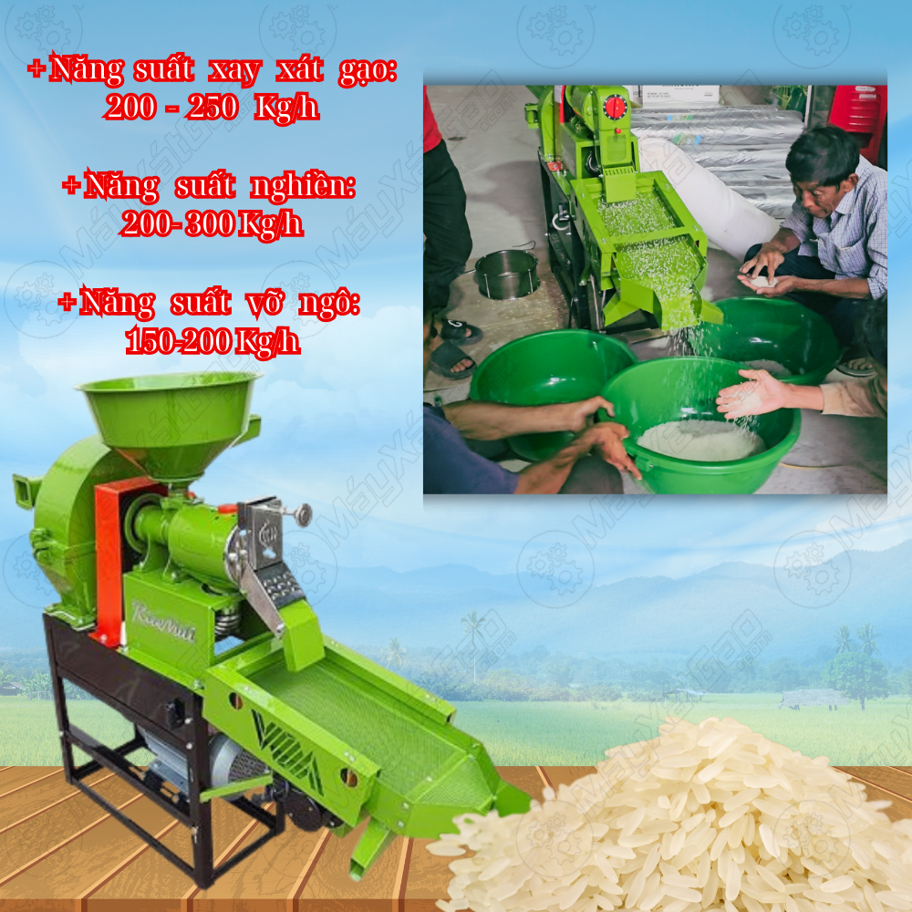 Năng suất cụ thể của máy xát trắng gạo Ưu Nông:  Năng suất xay xát gạo: 200-250 Kg/h.  Năng suất nghiền: 200- 300 Kg/h.  Năng suất vỡ ngô: 150-200 Kg/h.