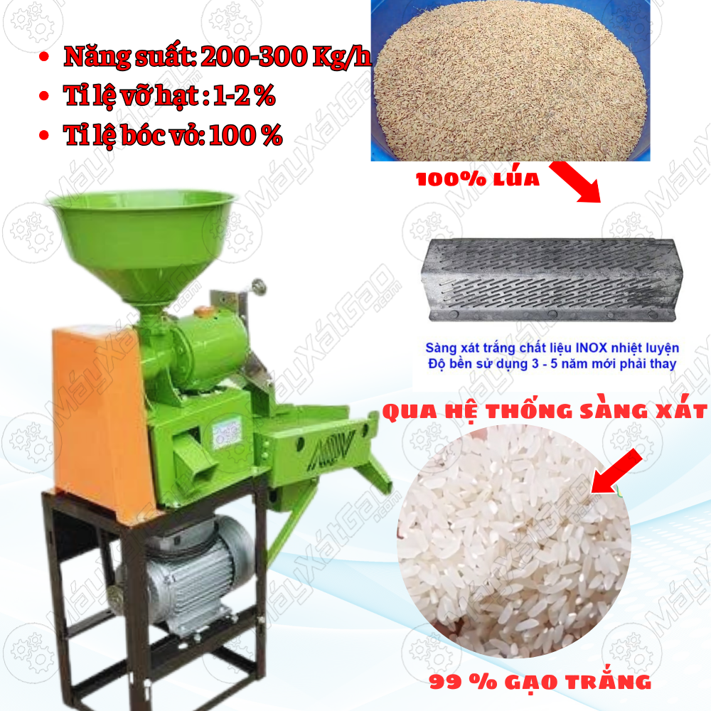 Nguyên lý xát gạo kiểu mới với trục xoắn ruột gà bằng thép nhiệt luyện cao tân kết hợp với sàng xát bằng INOX nên máy chà gạo vẫn đảm bảo cho hạt gạo ra nguyên vẹn không gẫy nát với:  Năng suất của máy xay xát lúa gạo mini sàng rung lọc cát sạn 3 cấp UN-A3000 lên đến 200- 300 Kg/h
