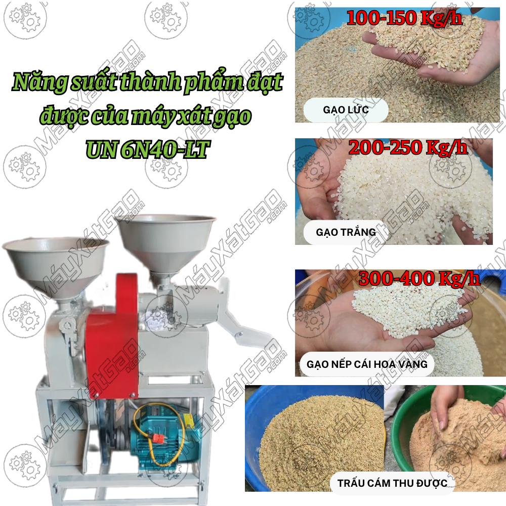 + Năng suất của máy xay xát gạo lứt- Gạo trắng- Gạo nấu rượu UN 6N40-LT làm gạo lứt sạch thóc 100%: 100 – 150 Kg/giờ.  Năng suất xát gạo trắng: 200 – 250 Kg/Giờ.  Năng suất làm gạo nấu rượu sạch 98% thóc: 300 – 400 Kg/giờ.  Tỷ lệ thu hồi gạo cao đạt: 70-80 %.