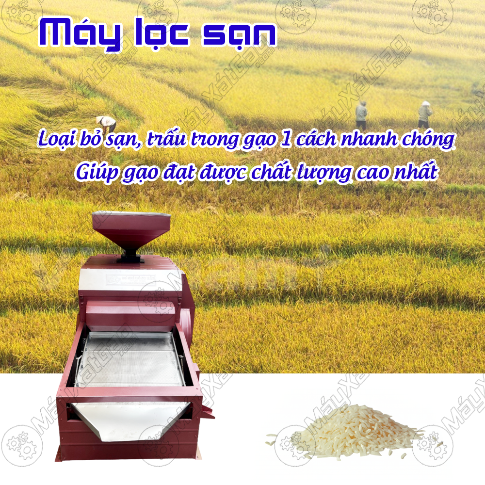 Công đoạn này sẽ giúp loại bỏ những thành phầm không mong muốn như lọc tấm, sạn, tạp chất. Ngoài ra, với những loại gạo để lâu hay có mọt xuất hiện thì máy lọc sạn này cũng loại bỏ một cách dễ dàng.