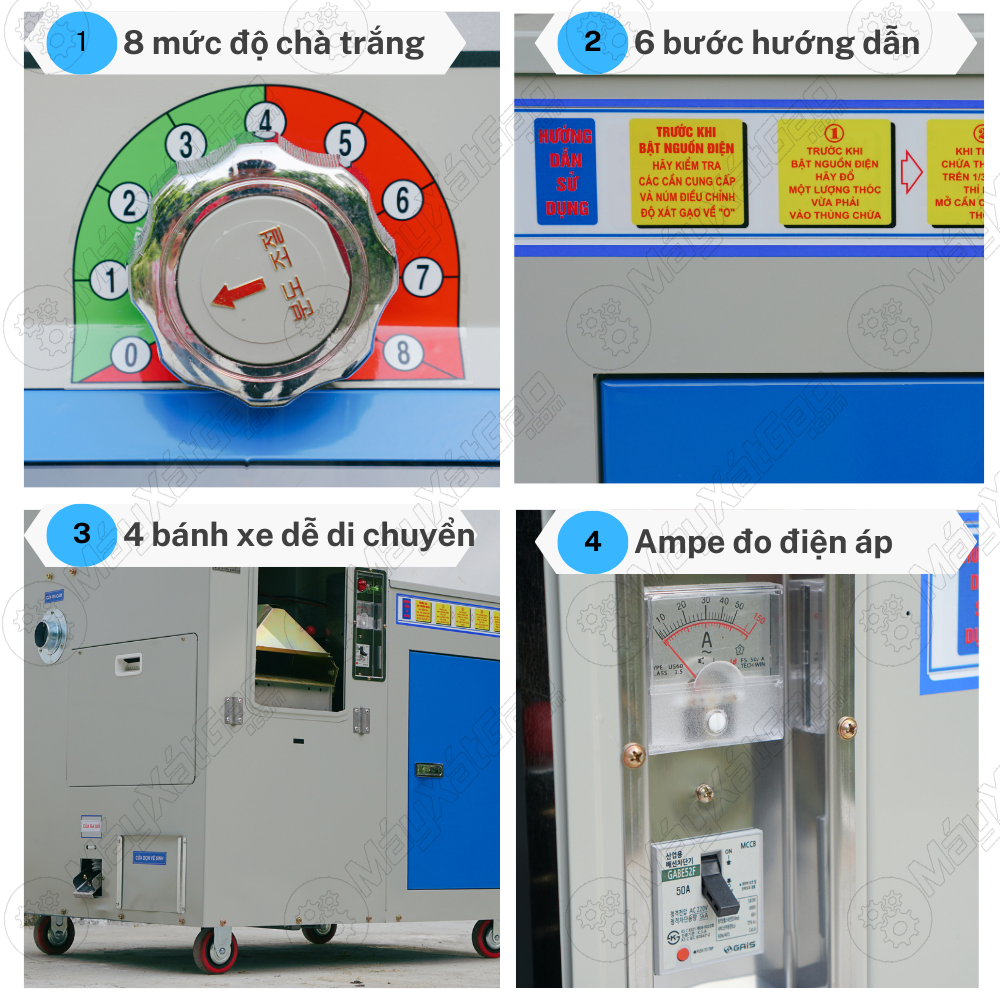 Máy có cấu tạo cải tiến và sử dụng rất tiện lợi. Với 8 mức độ điều chỉnh độ trắng của gạo dễ dàng canh chỉnh theo nhu cầu sử dụng. Được hướng dẫn cụ thể 6 bước thực hiện dành cho người mới sử dụng máy.