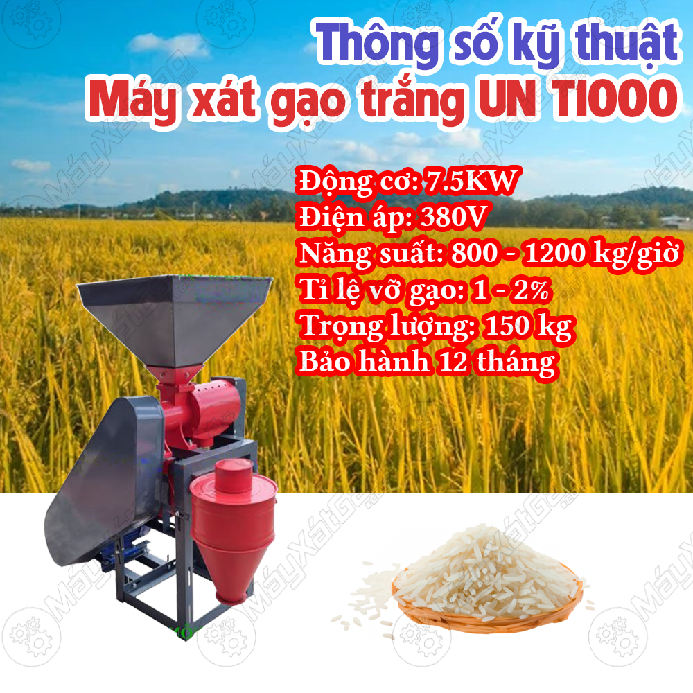 Với máy UN T1000 này bà con có thể sử dụng để chà trắng gạo lứt thành gạo trắng thu lại cám và gạo trắng, xát trực tiếp thóc thành gạo trắng, ngoài ra có thể sử dụng để vỡ ngô tách cám để chăn nuôi. Mẫu máy “ Đầu chà trắng lúa gạo 3 pha –  Máy xát gạo UN T1000 này ”  năng suất rất cao từ 800 kg – 1200 kg.