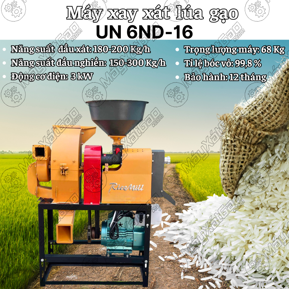 Thông số kỹ thuật của máy xay xát lúa gạo đầu nghiền búa UN 6ND-16