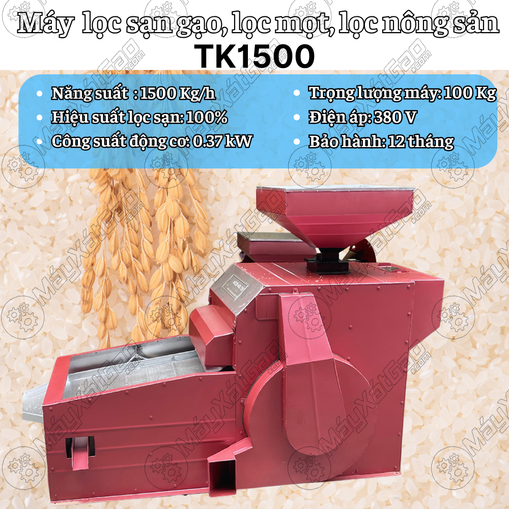 Máy lọc sạn 3 pha có năng suất cao lên đến 1500 Kg/h, sử dụng động cơ 0,37 kW, sử dụng điện công nghiệp 3 pha 380 V, máy có trọng lượng lên đến 100 Kg và được bảo hành lên đến 12 tháng.