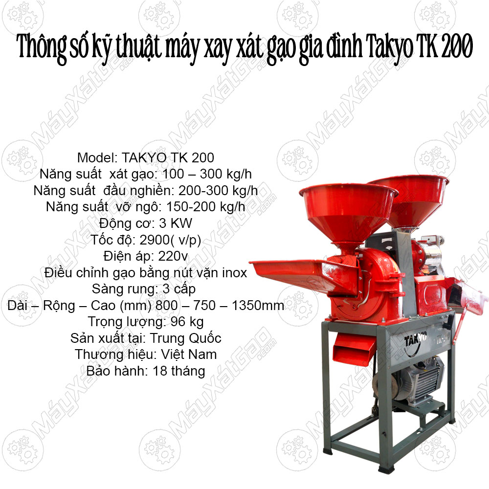 Thông số kỹ thuật máy xát gạo gia đình Takyo TK 200