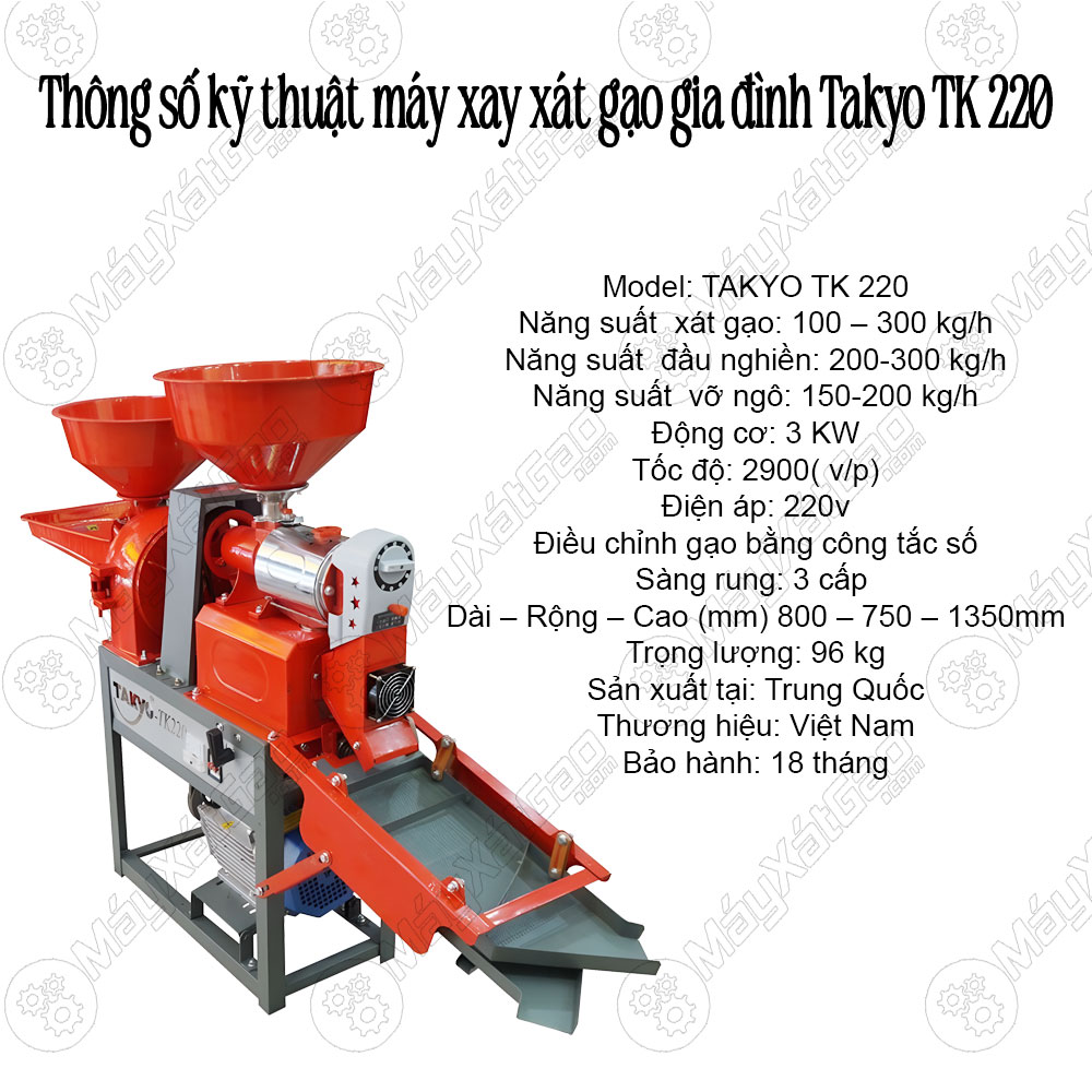 Thông số kỹ thuật máy xát gạo gia đình Takyo TK 220