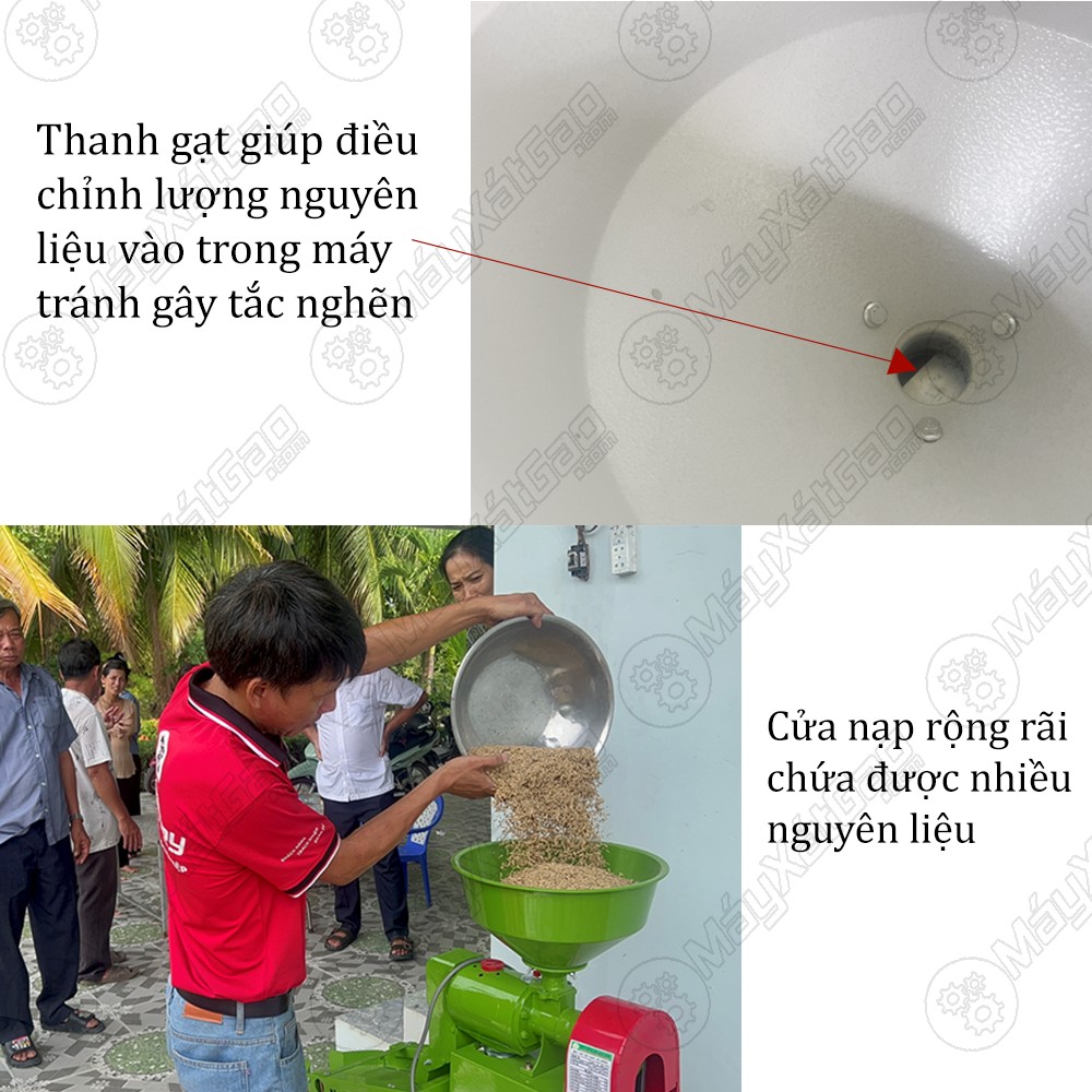 Toa nạp của máy xay xát gạo mới đươc thiết kế rộng rãi và có thanh gạt để đảm bảo nguyên liệu vào trong máy được trơn tru nhất