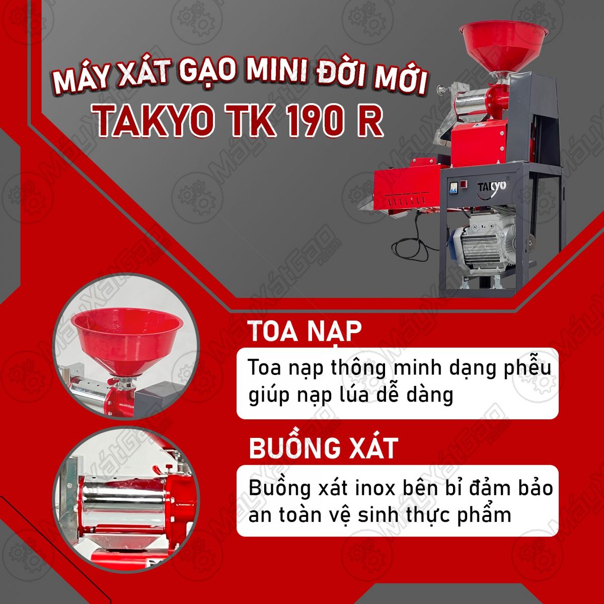 Toa nạp và buồng xát của máy xát gạo đời mới TAKYO TK 190 R