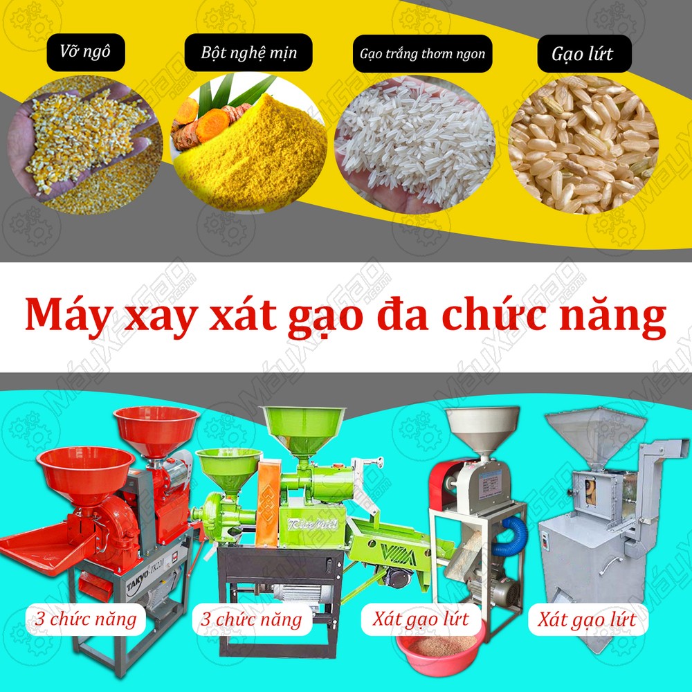 Máy xay xát gạo đa chức năng không những chỉ xát được gạo trắng mà một số loại máy còn dùng nghiền bột, vỡ ngô,...