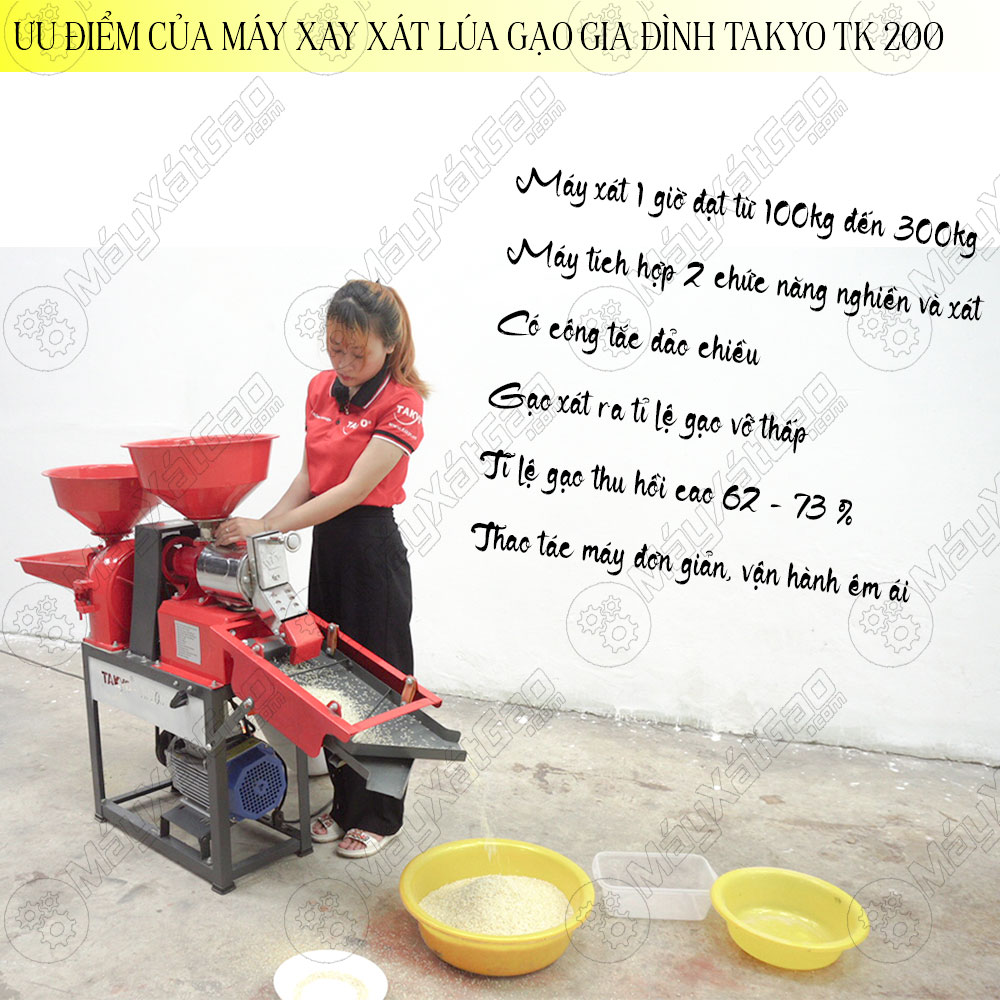 Máy xay xát gạo gia đình Takyo TK 200 lọc sạn 3 cấp chống rung, là một trong những máy xát gạo gia đình được ưa chuộng nhất hiện nay. 